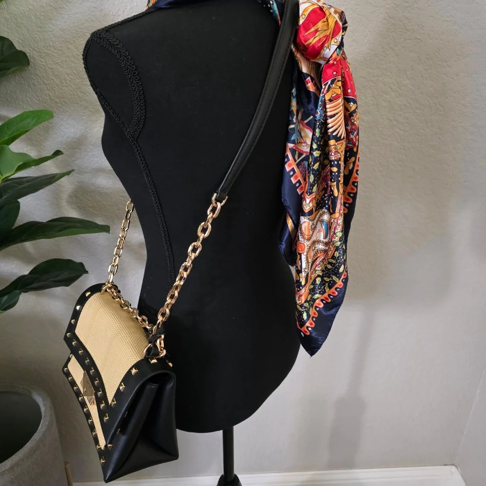 Michael Kors Studded Straw & Leather Crossbody Bag Tan/Black One Size - Picture 2 of 15